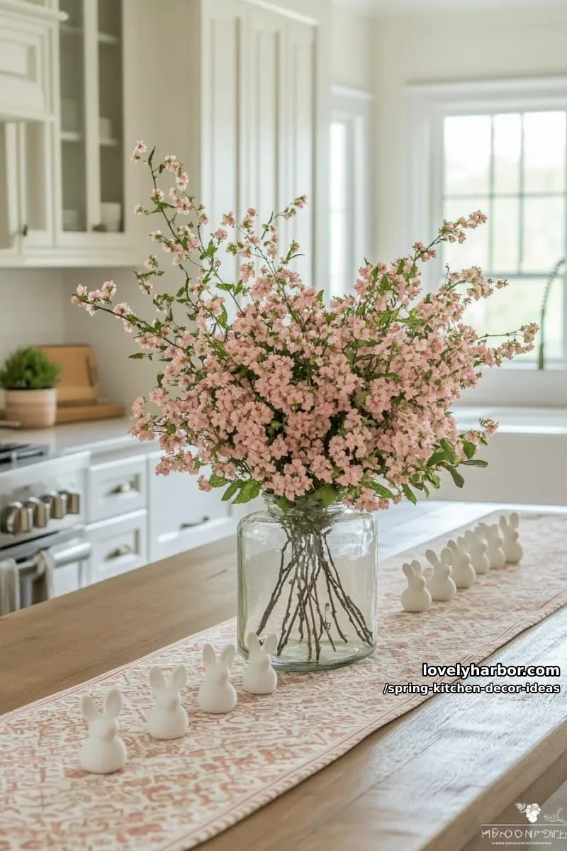patterned table runner with blush blooms and white ceramic bunnies 1