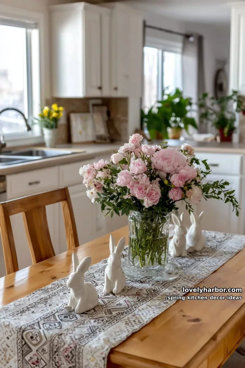patterned table runner with blush blooms and white ceramic bunnies 1