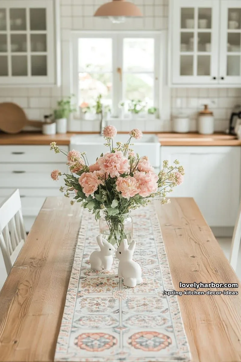patterned table runner with blush blooms and white ceramic bunnies 1
