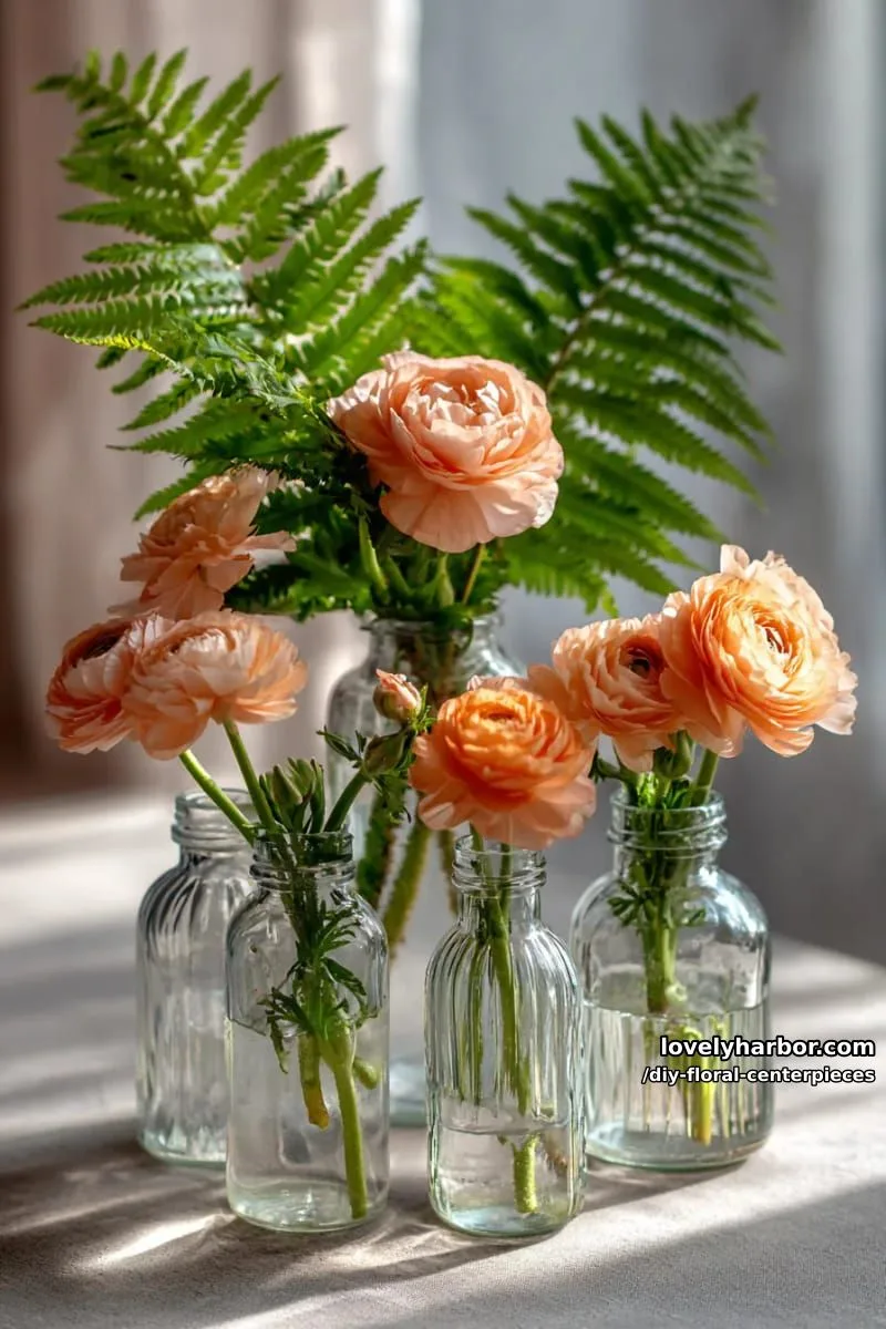 peach ranunculus and green ferns in repurposed glass bottles 1