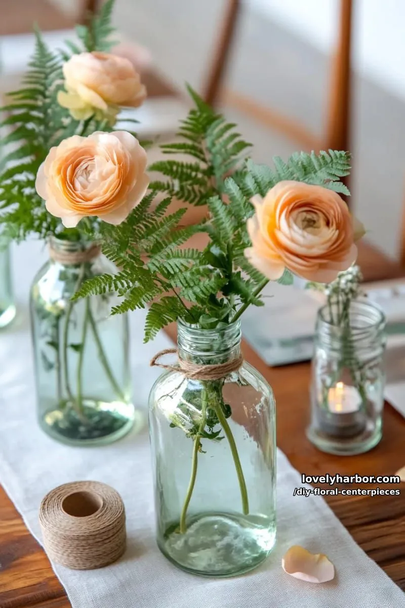 peach ranunculus and green ferns in repurposed glass bottles 1