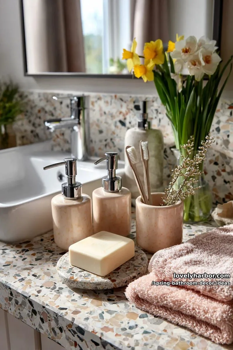 peach-toned soap dispensers and matching toothbrush holders on terrazzo counters 1