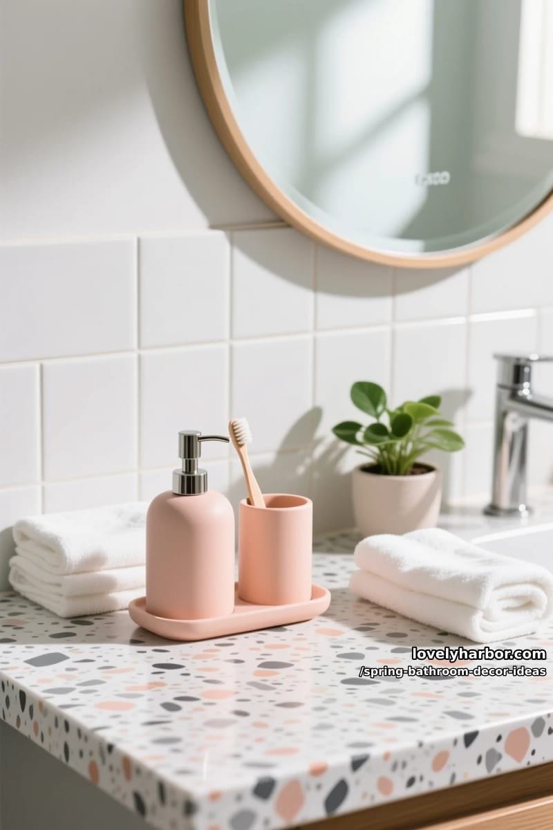 peach-toned soap dispensers and matching toothbrush holders on terrazzo counters 1