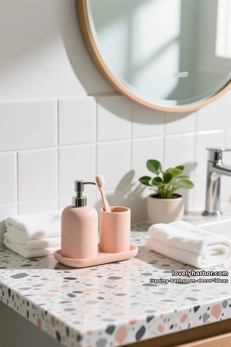 peach-toned soap dispensers and matching toothbrush holders on terrazzo counters 1