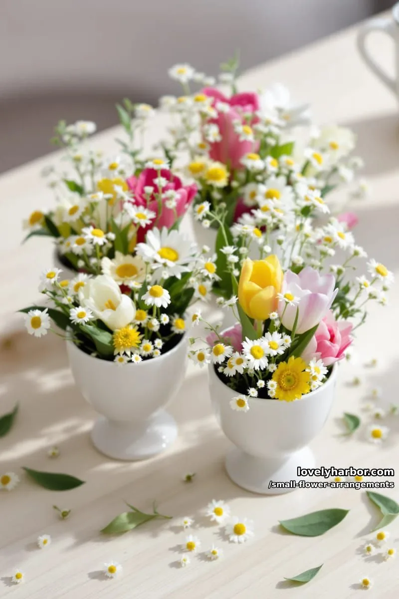 19 Classy Small Flower Arrangements to Cheer You Up in Spring 49 petite arrangement of spring tulips and chamomile in egg cups 1