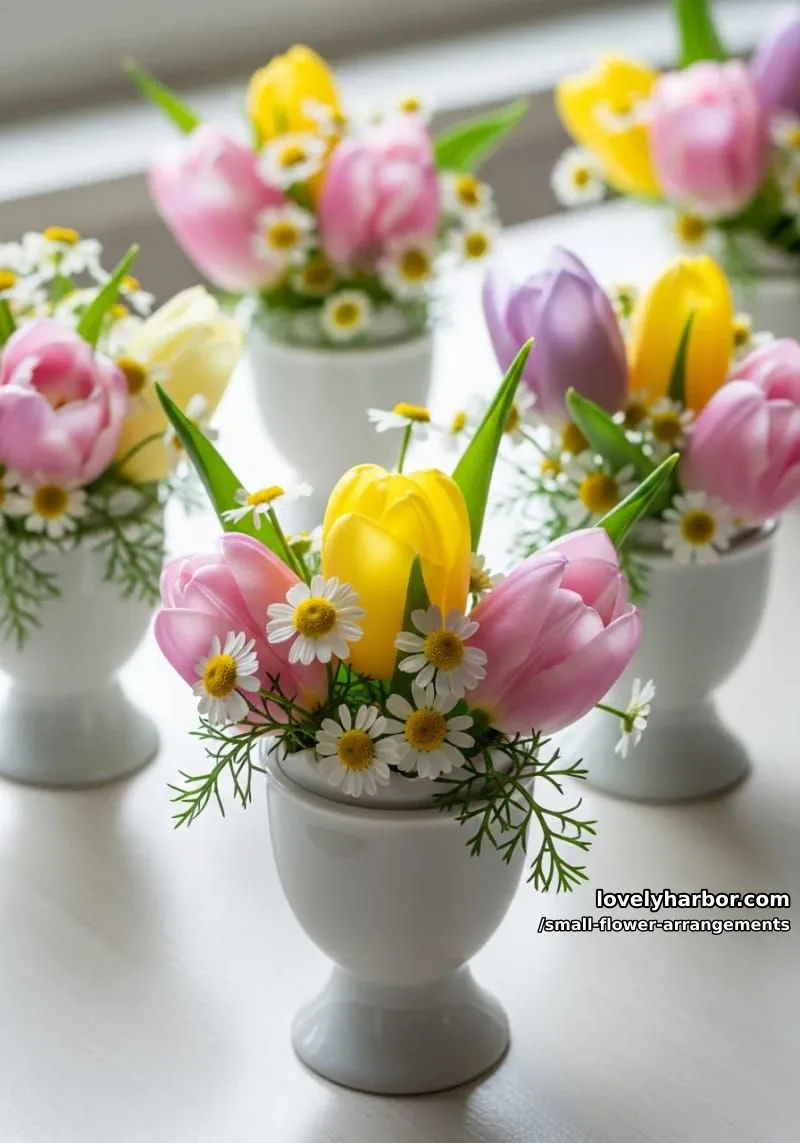 19 Classy Small Flower Arrangements to Cheer You Up in Spring 50 petite arrangement of spring tulips and chamomile in egg cups 1