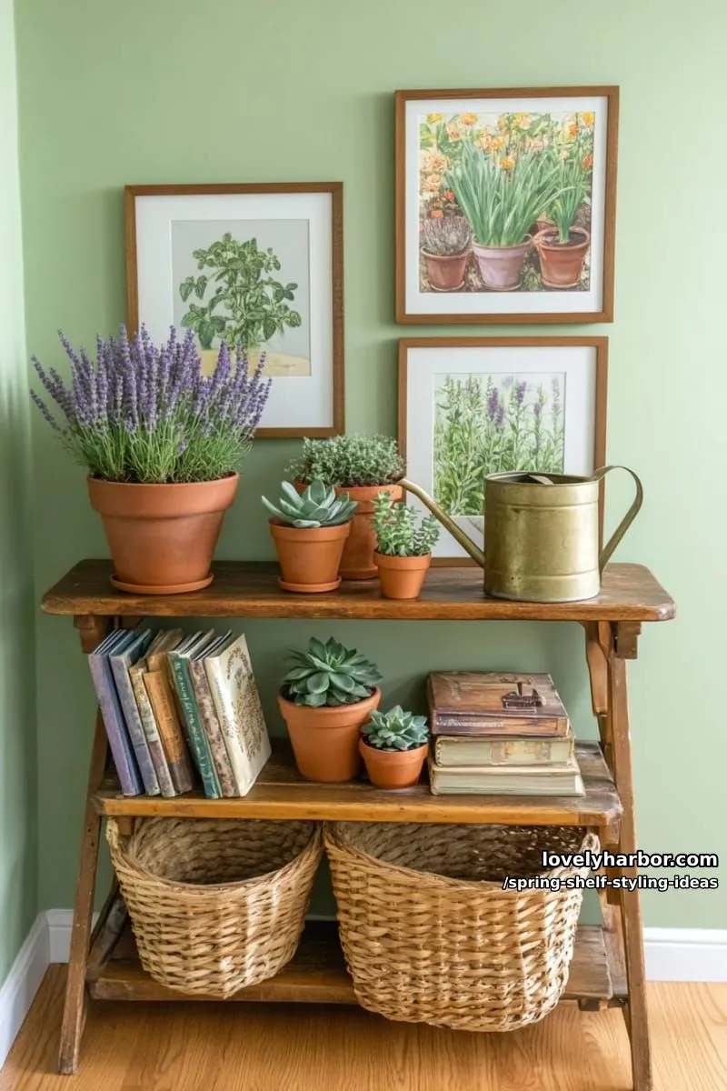 place framed botanical prints behind clusters of lavender and terracotta pots. 1