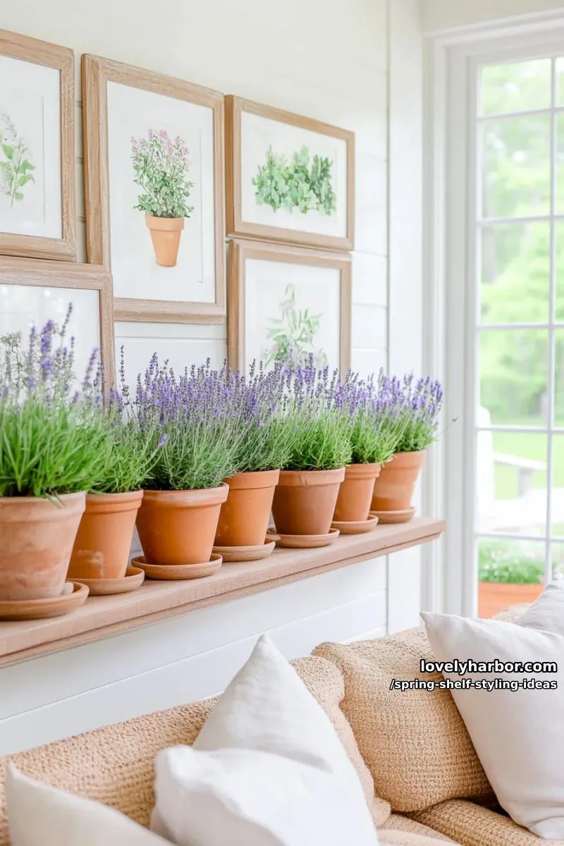 place framed botanical prints behind clusters of lavender and terracotta pots. 1