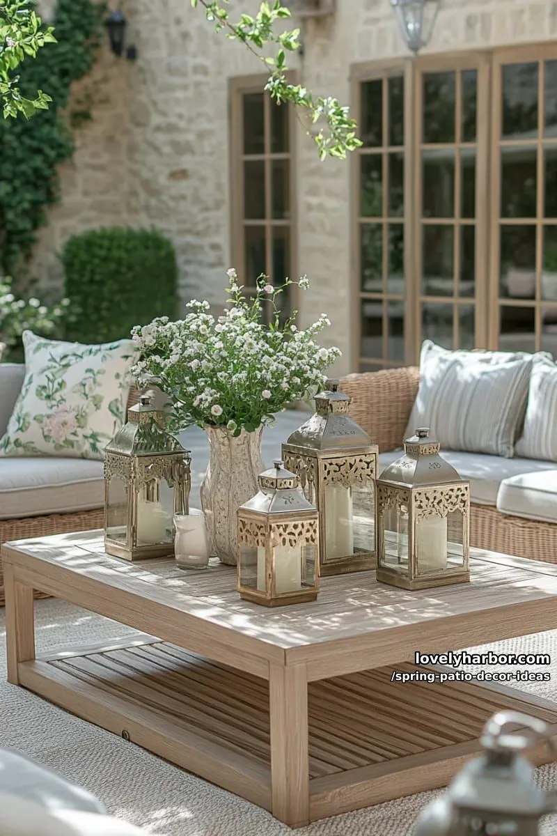 21 Spring Patio Decor Ideas To Welcome The New Season 47 place metallic lanterns and oversized glass vases on an outdoor coffee table 1
