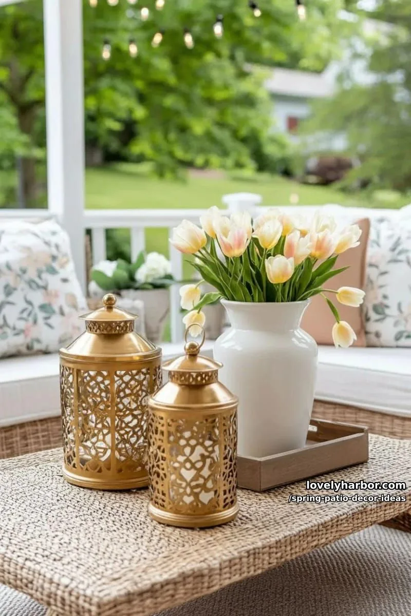 21 Spring Patio Decor Ideas To Welcome The New Season 48 place metallic lanterns and oversized glass vases on an outdoor coffee table 1