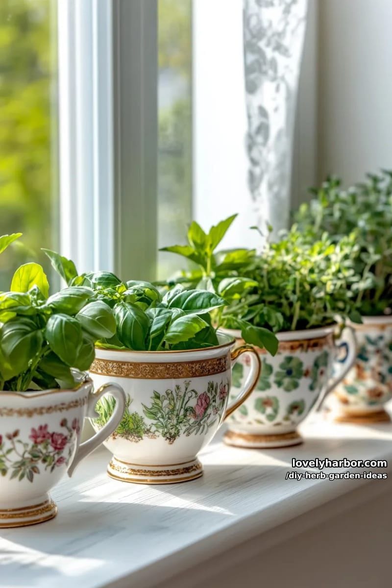 plant culinary herbs in teacups and display them on a sunny windowsill. 1