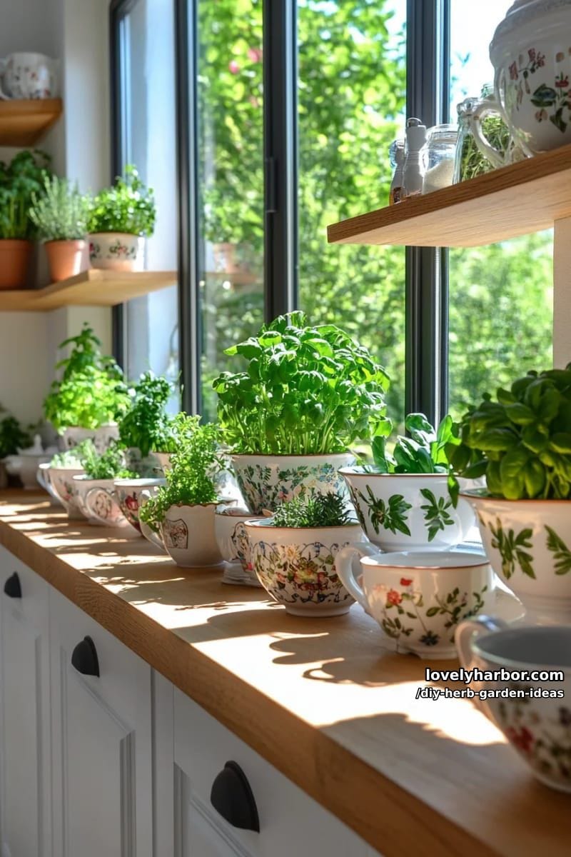 plant culinary herbs in teacups and display them on a sunny windowsill. 1