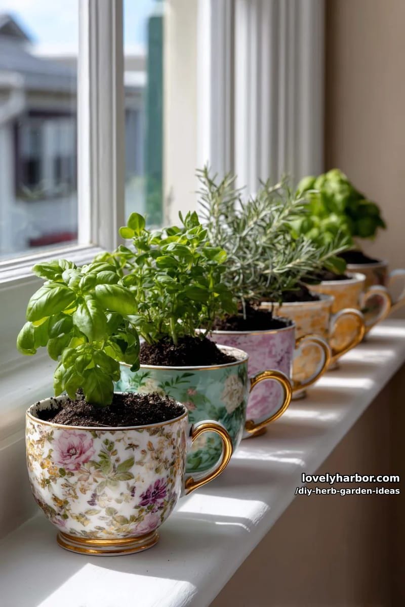 plant culinary herbs in teacups and display them on a sunny windowsill. 1