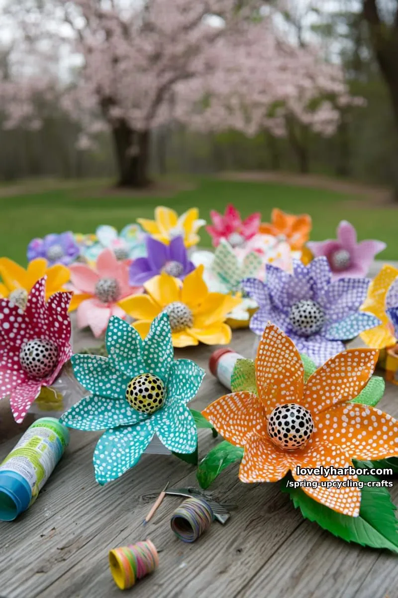 plastic bottle flower sculptures in vibrant spring colors 1