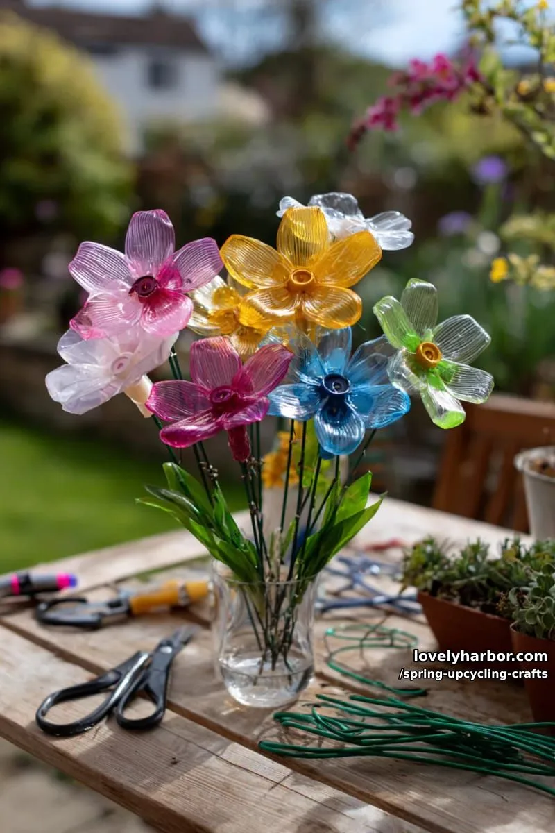 plastic bottle flower sculptures in vibrant spring colors 1