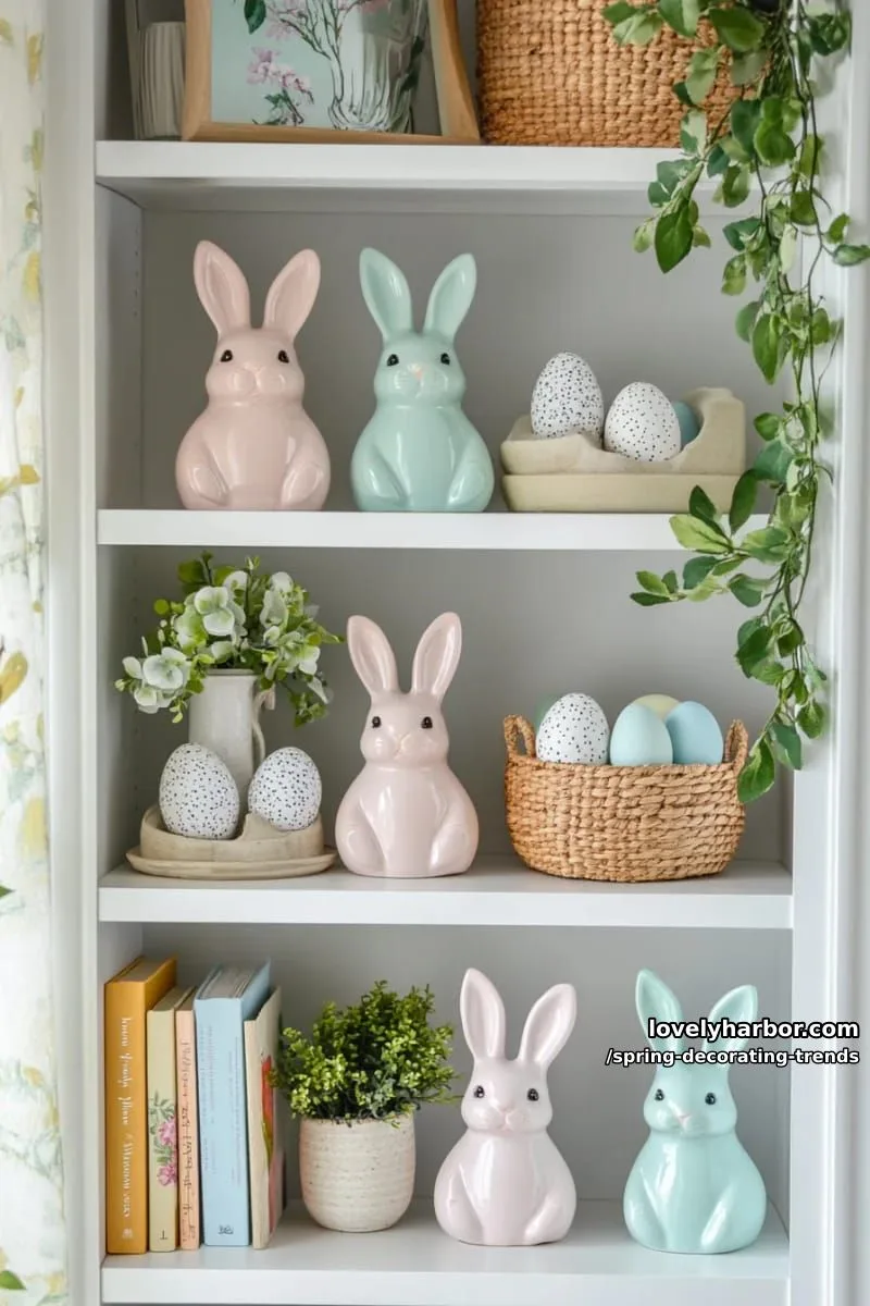 playful pastel ceramic bunnies nestled among greenery on shelves 1