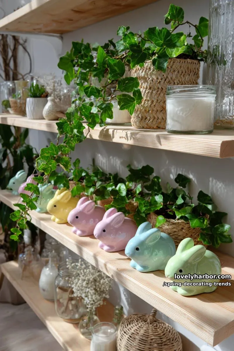 playful pastel ceramic bunnies nestled among greenery on shelves 1