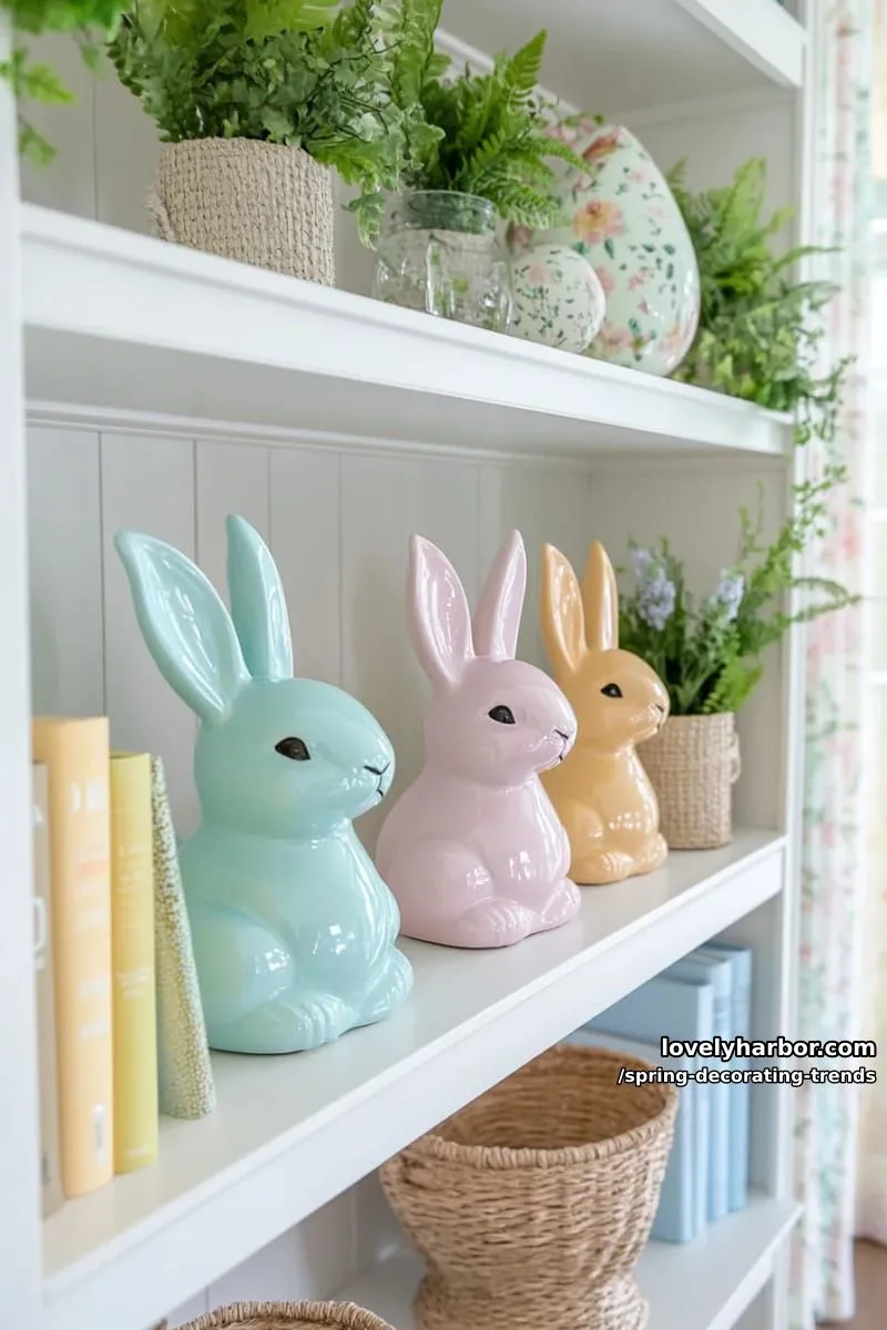 playful pastel ceramic bunnies nestled among greenery on shelves 1