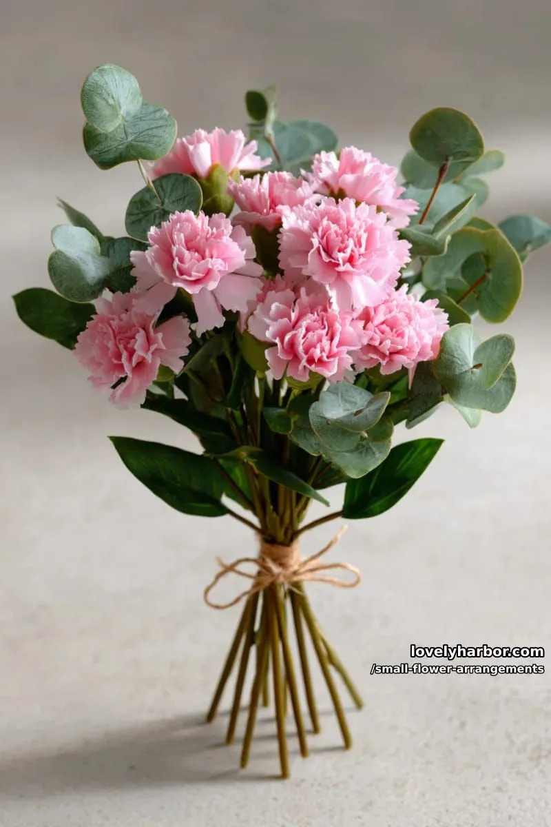 19 Classy Small Flower Arrangements to Cheer You Up in Spring 39 pocket-sized posy of pink carnations and baby eucalyptus 1
