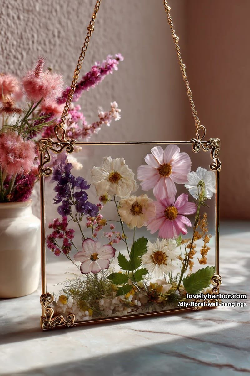 pressed flower collage framed by delicate wire for a vintage vibe 1