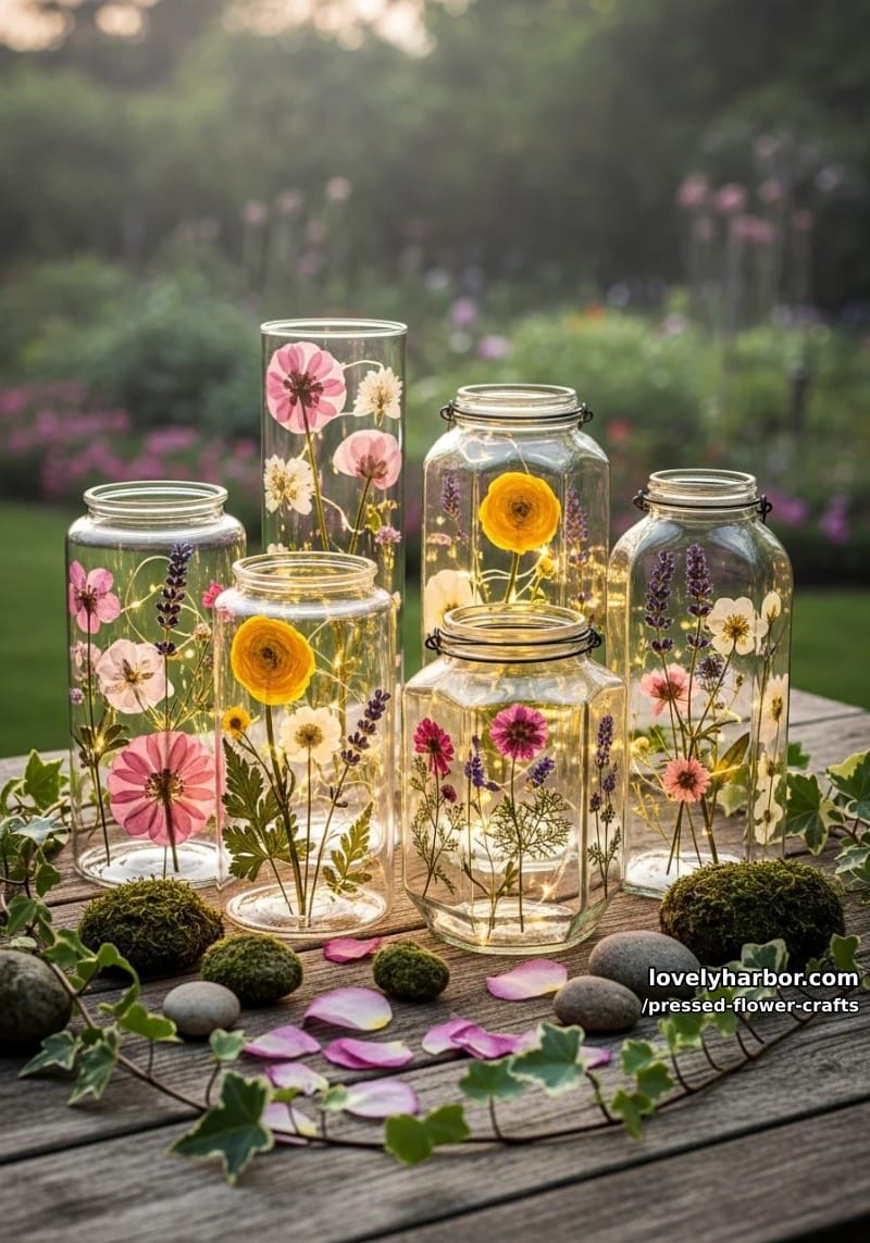 pressed flower glass lanterns glowing with fairy lights for whimsical garden nights 1