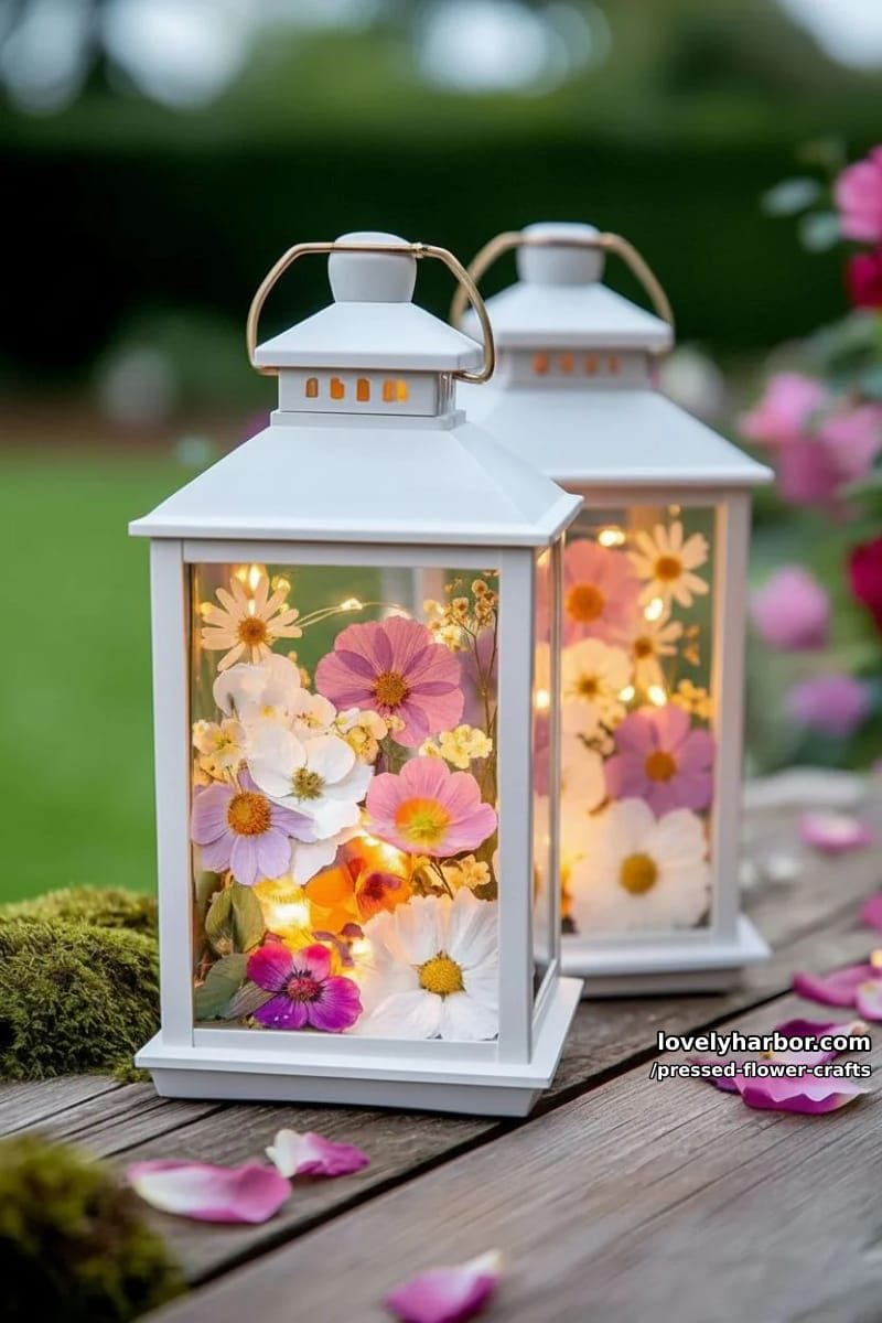 pressed flower glass lanterns glowing with fairy lights for whimsical garden nights 1
