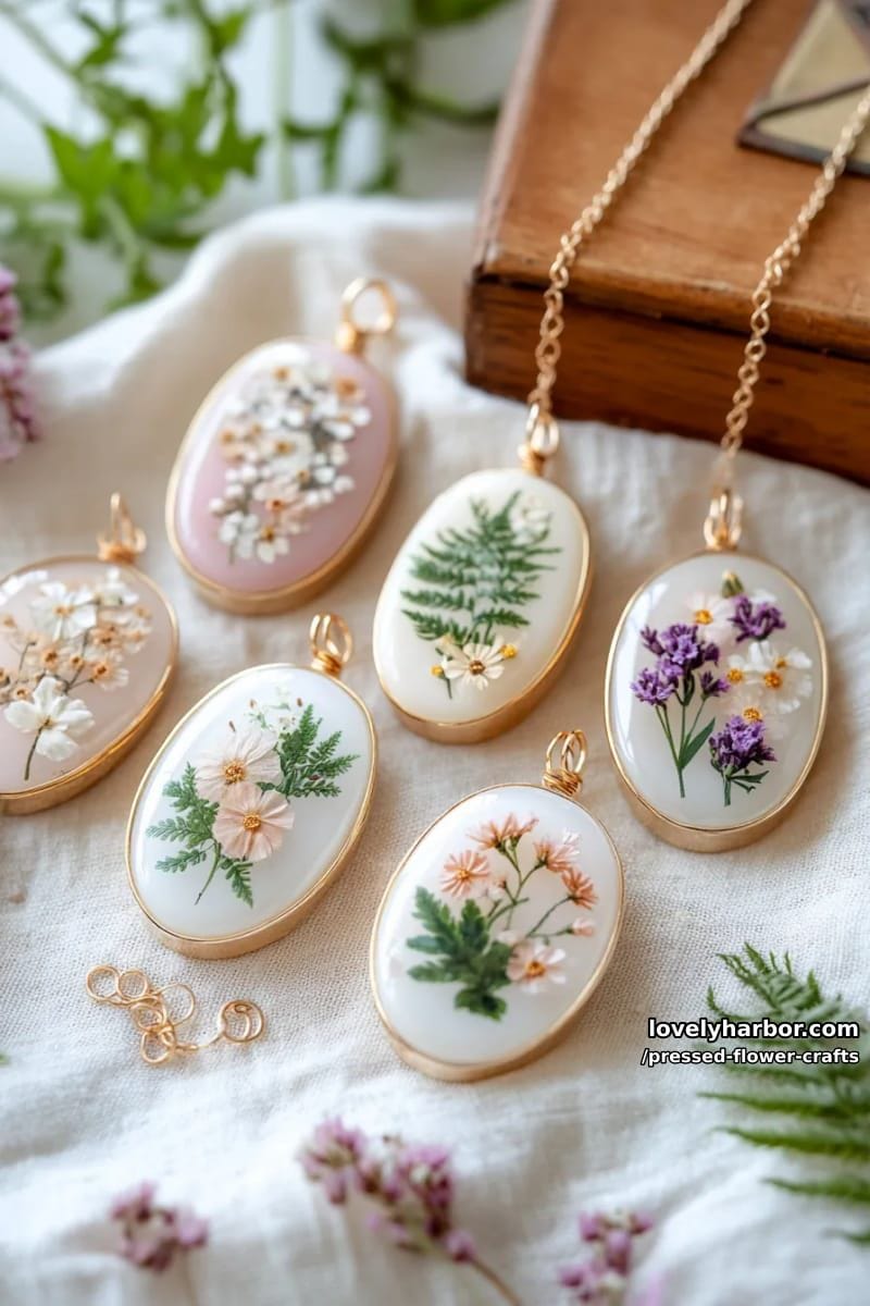 pressed flower jewelry pendants encased in clear resin for wearable garden art 1