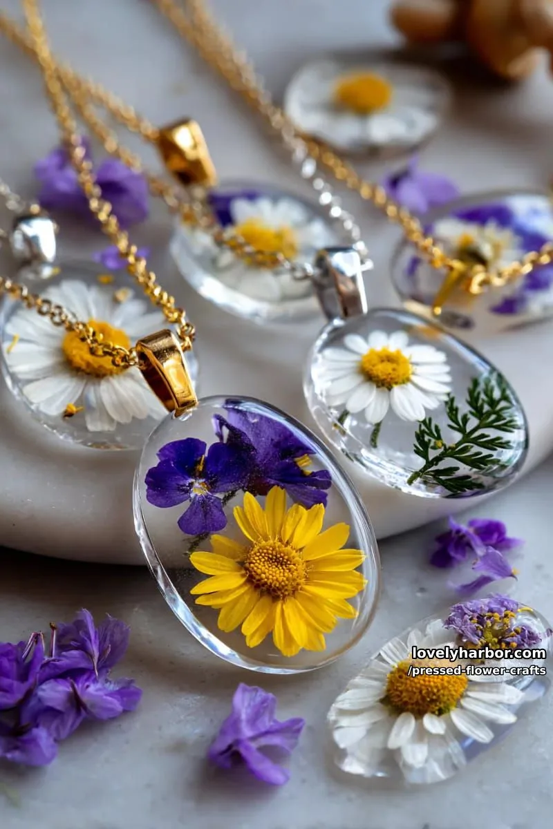 pressed flower jewelry pendants encased in clear resin for wearable garden art 1