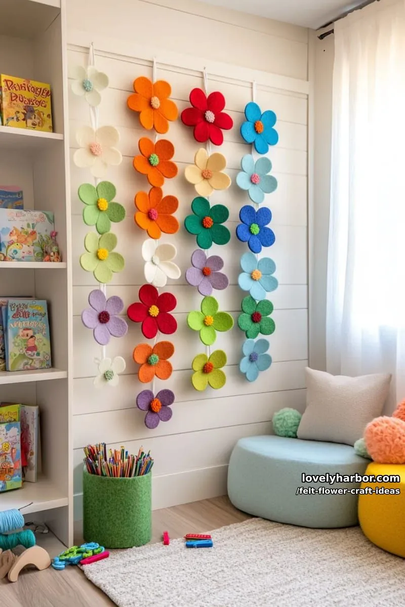 rainbow felt flower garland for party or playroom decoration 1