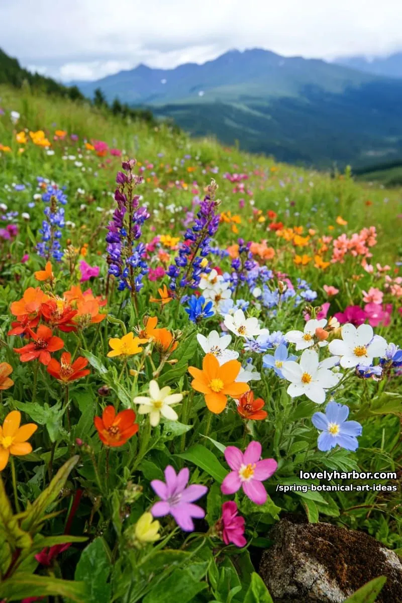 rainbow-hued floral explosion against a misty mountain landscape 1