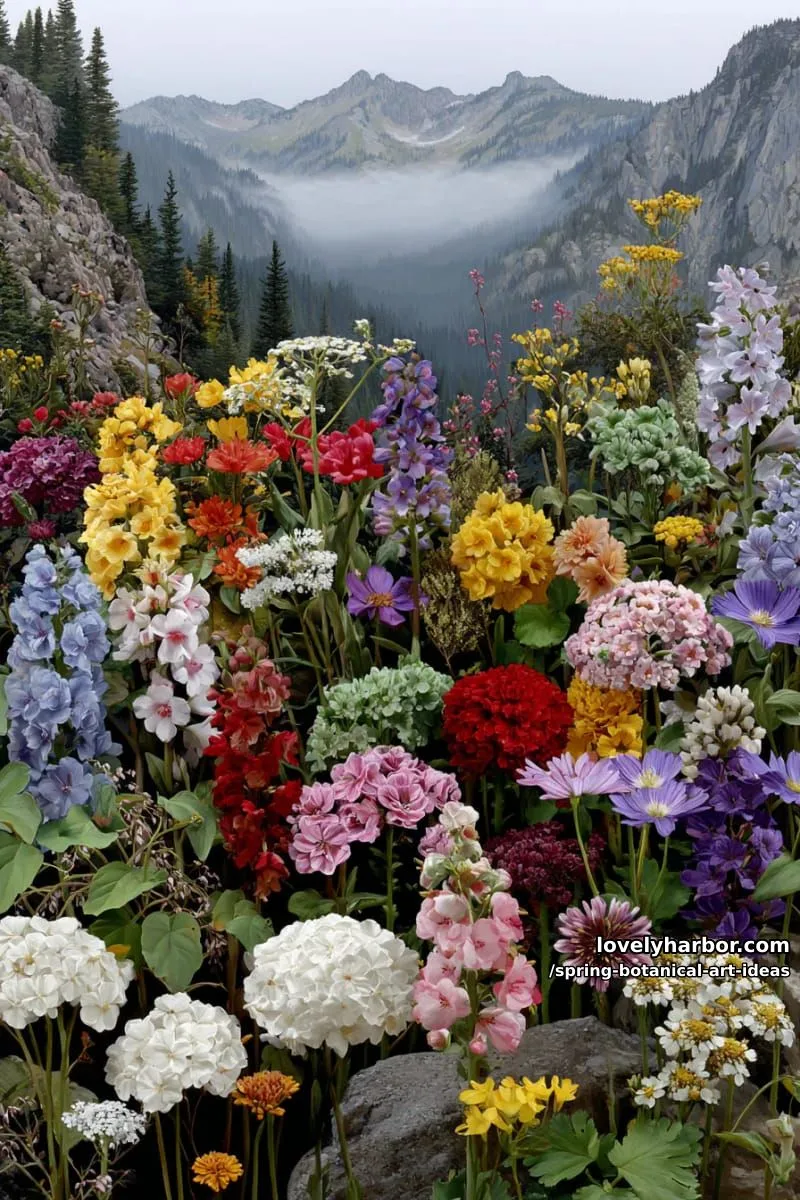 rainbow-hued floral explosion against a misty mountain landscape 1