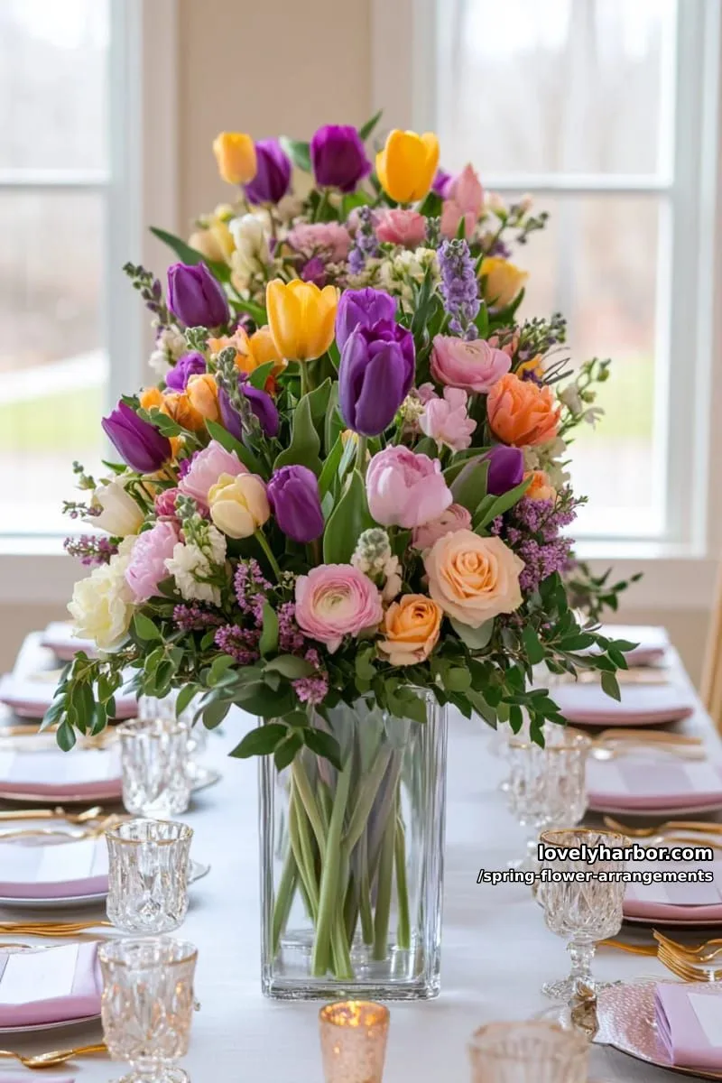 15 Spring Flower Arrangements That Will Warm Your Heart 2 rainbow ombre spring centerpiece featuring tulips, hyacinths, and ranunculus 1