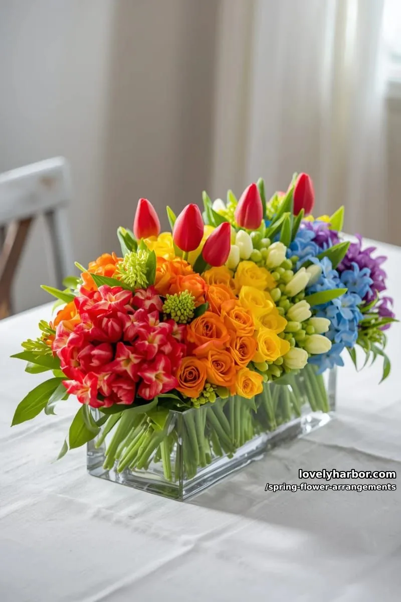 15 Spring Flower Arrangements That Will Warm Your Heart 3 rainbow ombre spring centerpiece featuring tulips, hyacinths, and ranunculus 1