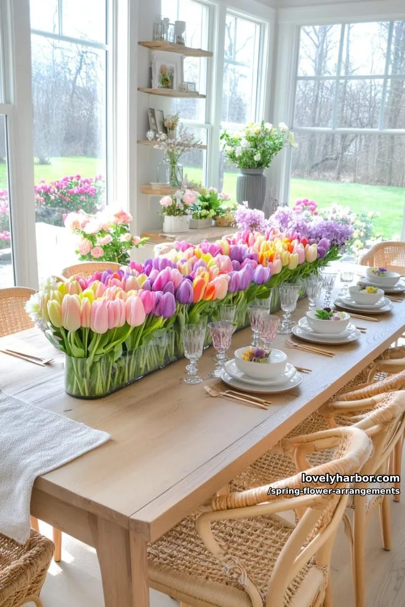 15 Spring Flower Arrangements That Will Warm Your Heart 4 rainbow ombre spring centerpiece featuring tulips, hyacinths, and ranunculus 1
