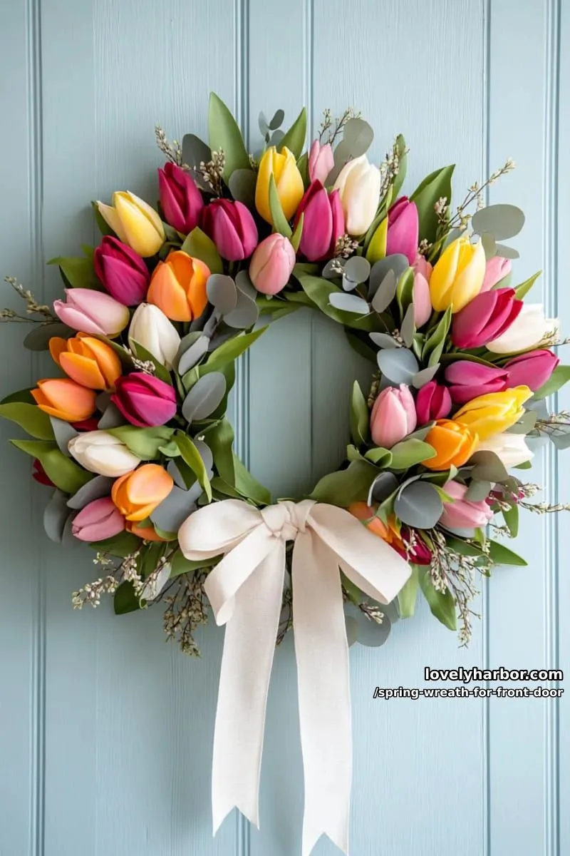 15 Unique Front Door Spring Wreaths for a Charming Entryway 10 rainbow tulip-filled wreath tied with a soft linen ribbon 1