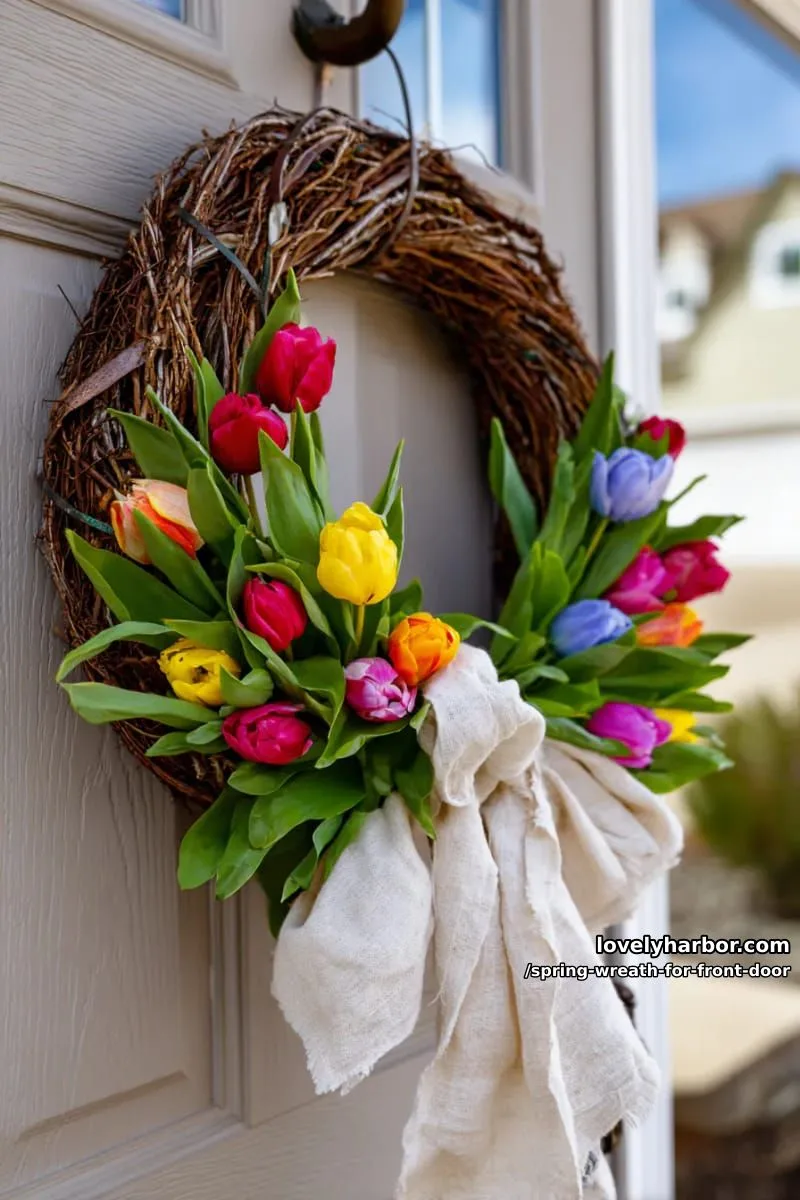15 Unique Front Door Spring Wreaths for a Charming Entryway 11 rainbow tulip-filled wreath tied with a soft linen ribbon 1
