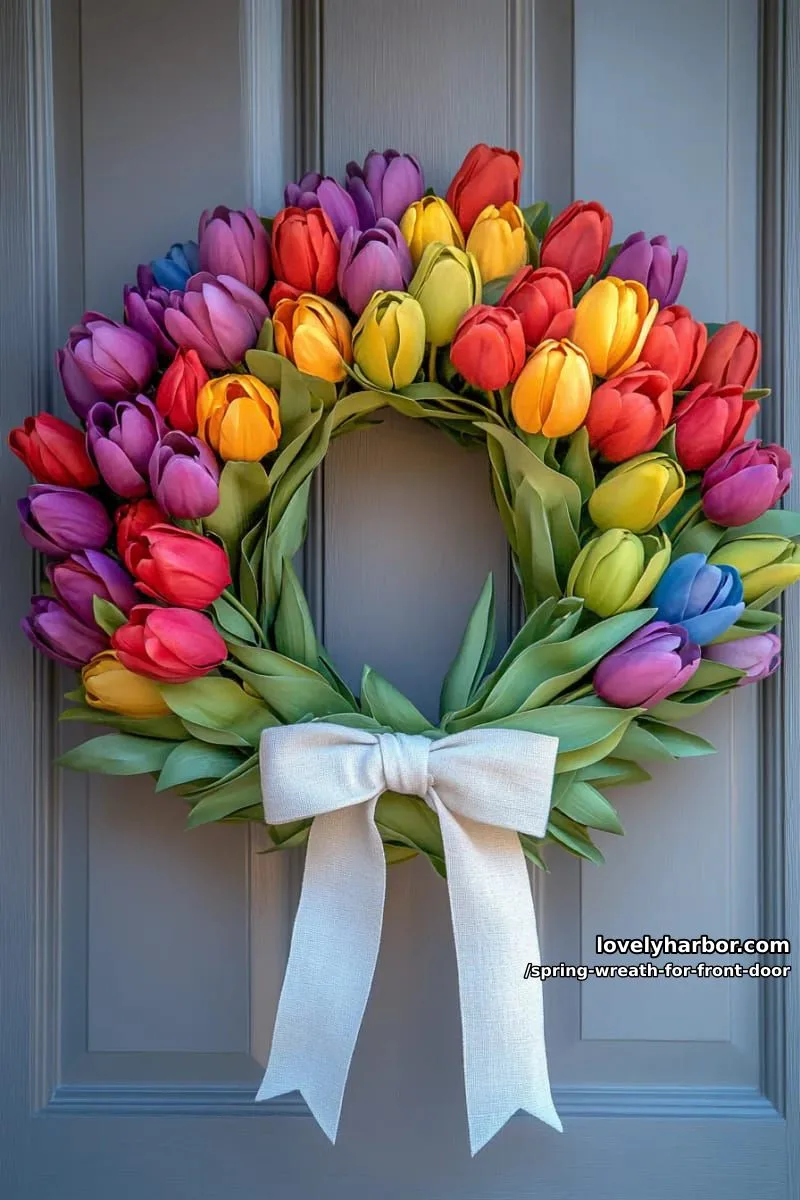 15 Unique Front Door Spring Wreaths for a Charming Entryway 12 rainbow tulip-filled wreath tied with a soft linen ribbon 1