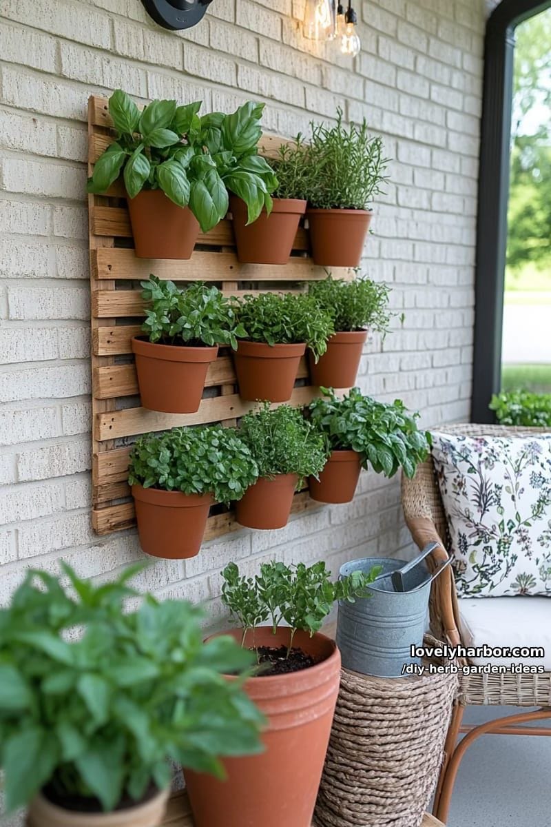 repurpose wooden pallets into a multi-tiered vertical herb wall. 1