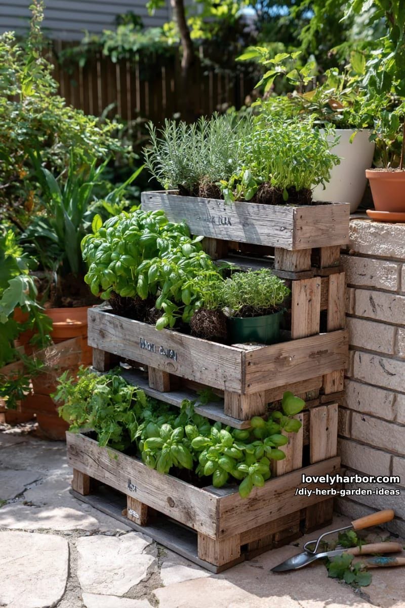 repurpose wooden pallets into a multi-tiered vertical herb wall. 1