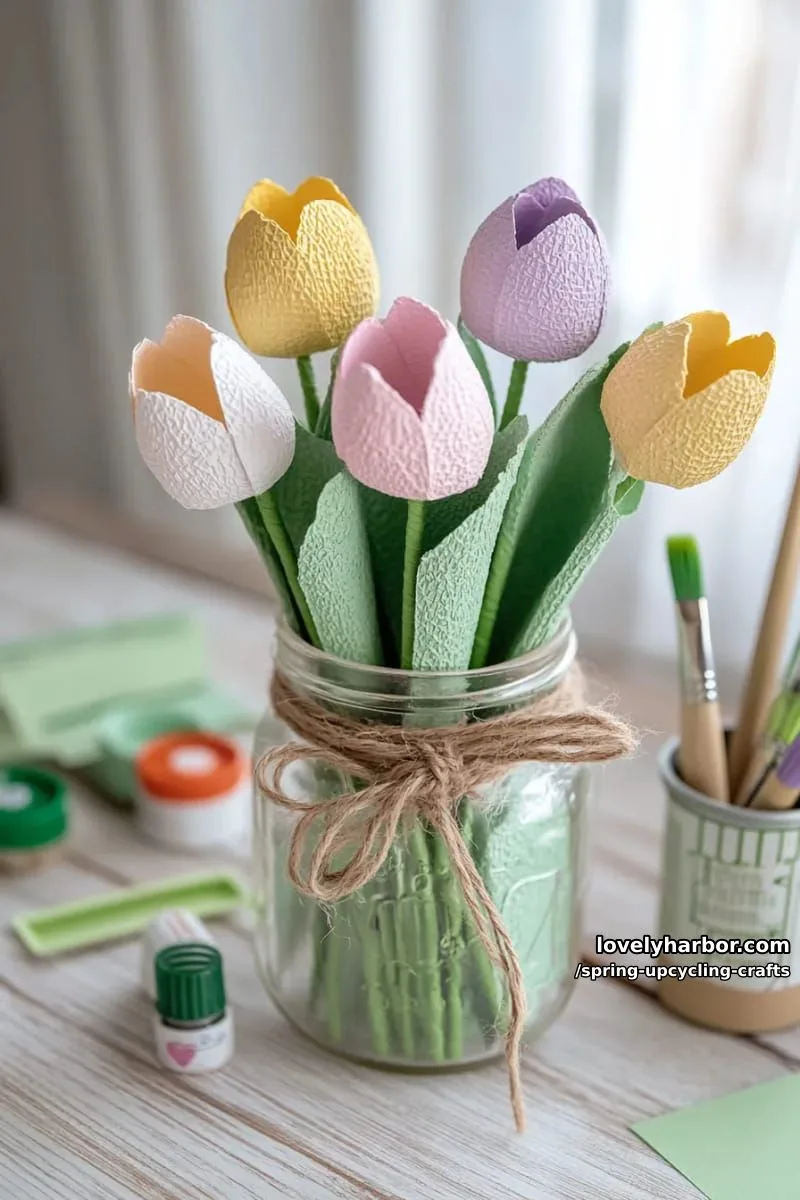 repurposed egg cartons transformed into tulip bouquets 1