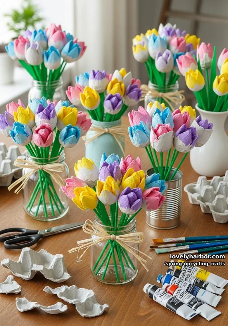 repurposed egg cartons transformed into tulip bouquets 1