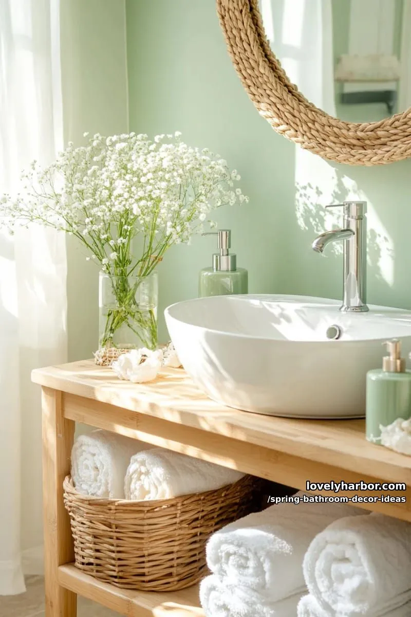 round rattan mirror paired with delicate baby’s breath arrangements 1