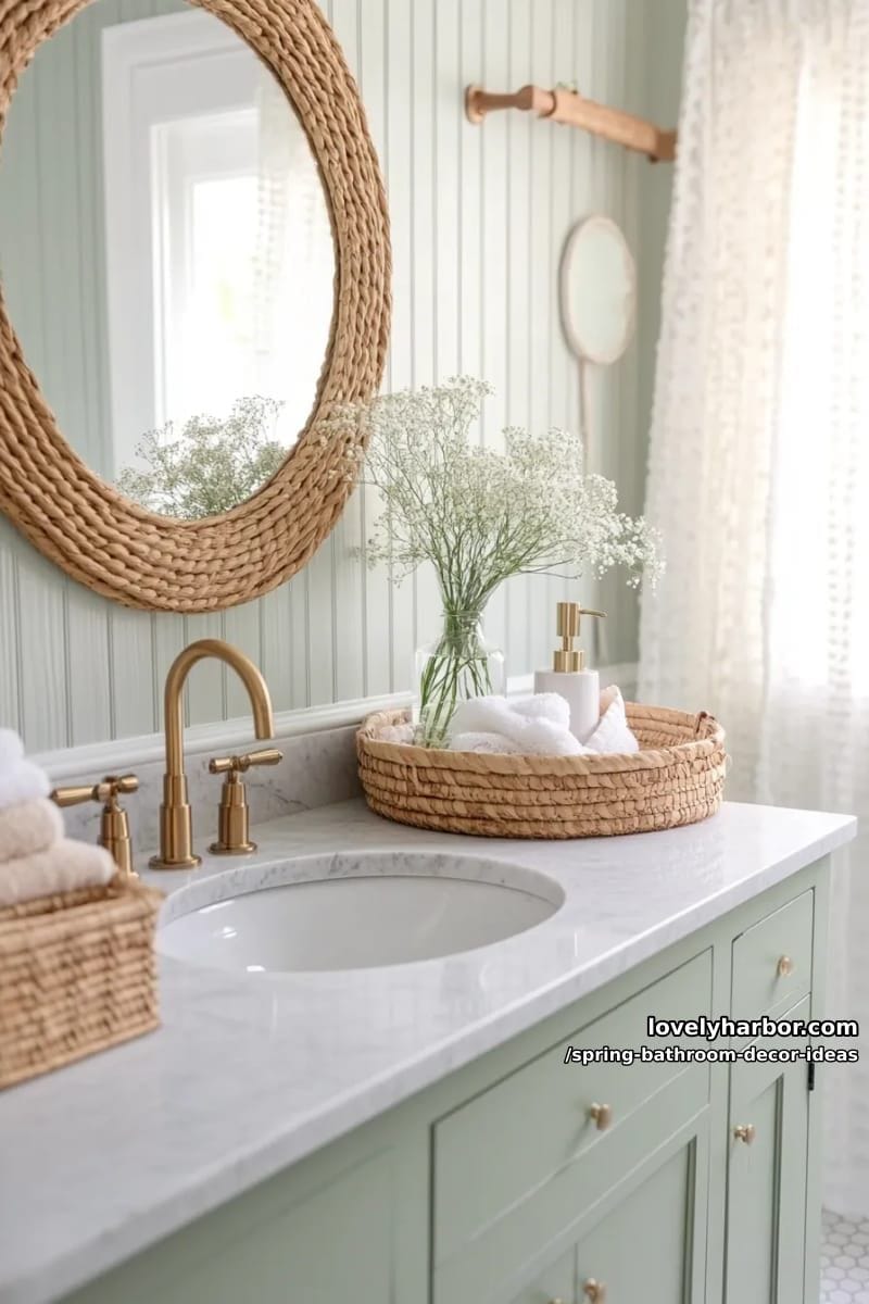 round rattan mirror paired with delicate baby’s breath arrangements 1