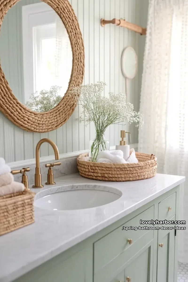 round rattan mirror paired with delicate baby’s breath arrangements 1