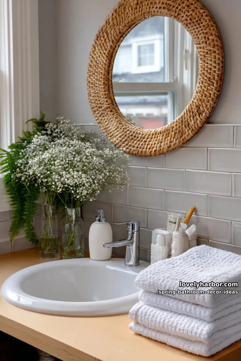 round rattan mirror paired with delicate baby’s breath arrangements 1