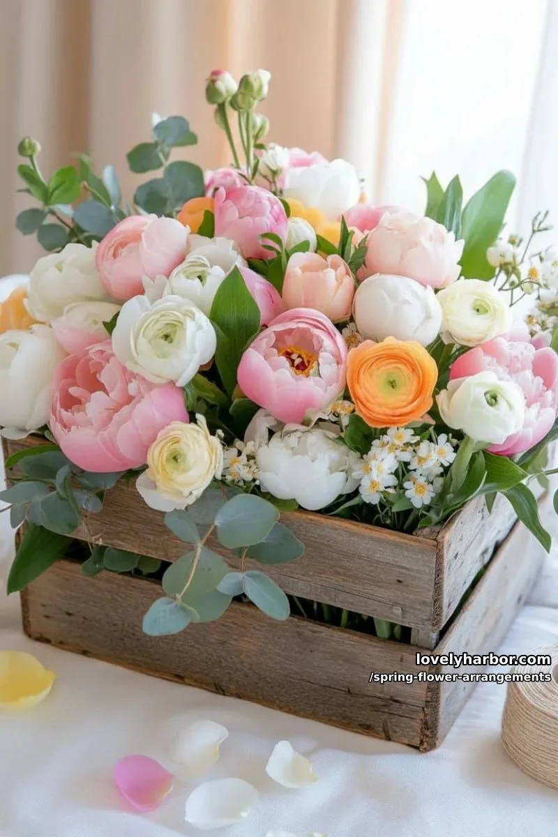 15 Spring Flower Arrangements That Will Warm Your Heart 22 rustic crate filled with pastel spring flowers and fresh greenery 1