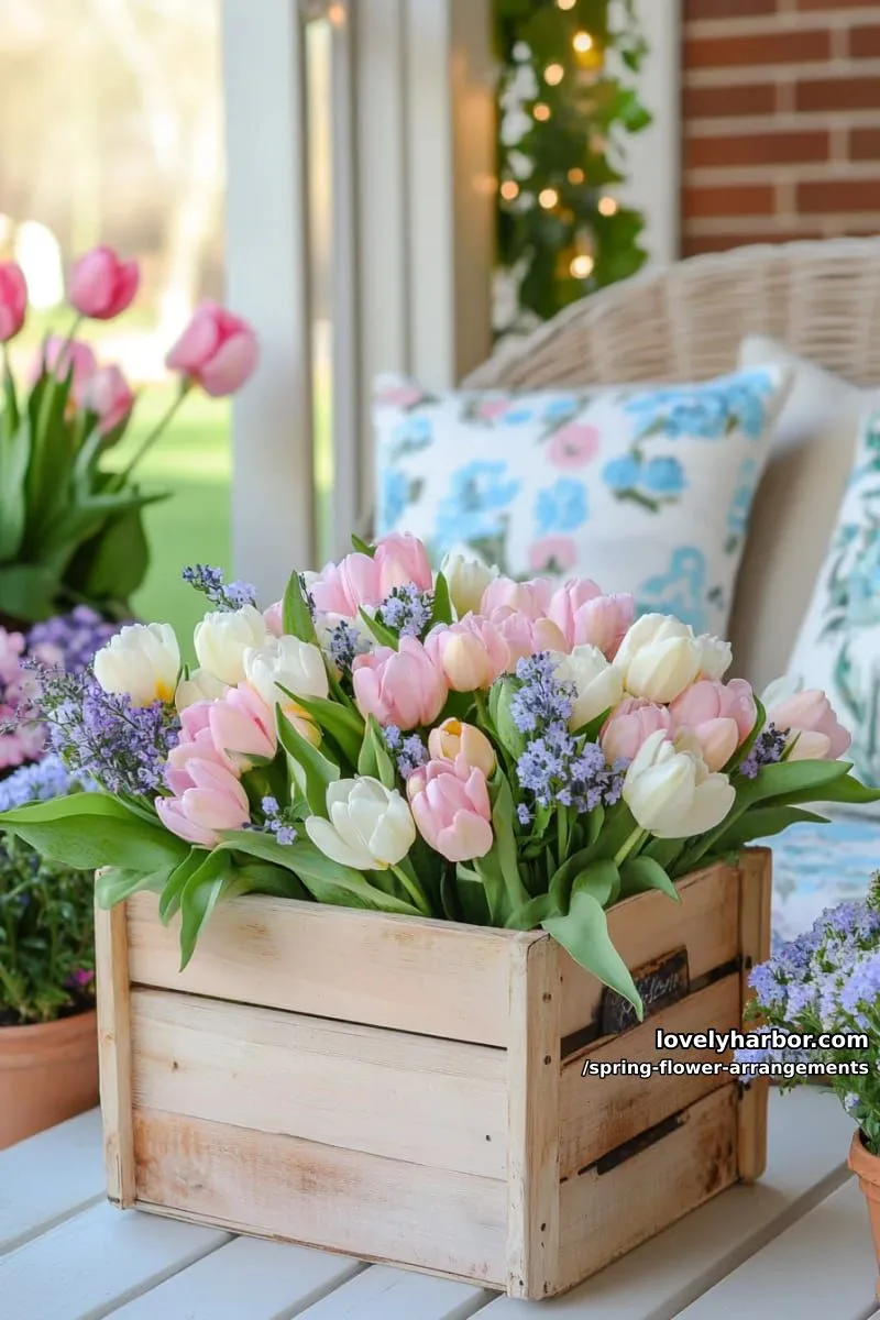 15 Spring Flower Arrangements That Will Warm Your Heart 23 rustic crate filled with pastel spring flowers and fresh greenery 1