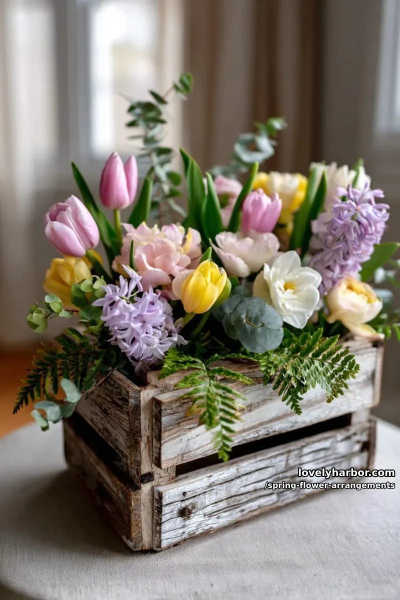 15 Spring Flower Arrangements That Will Warm Your Heart 24 rustic crate filled with pastel spring flowers and fresh greenery 1