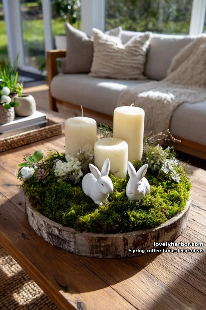 rustic round tray with moss, candles, and white bunny figurines 1