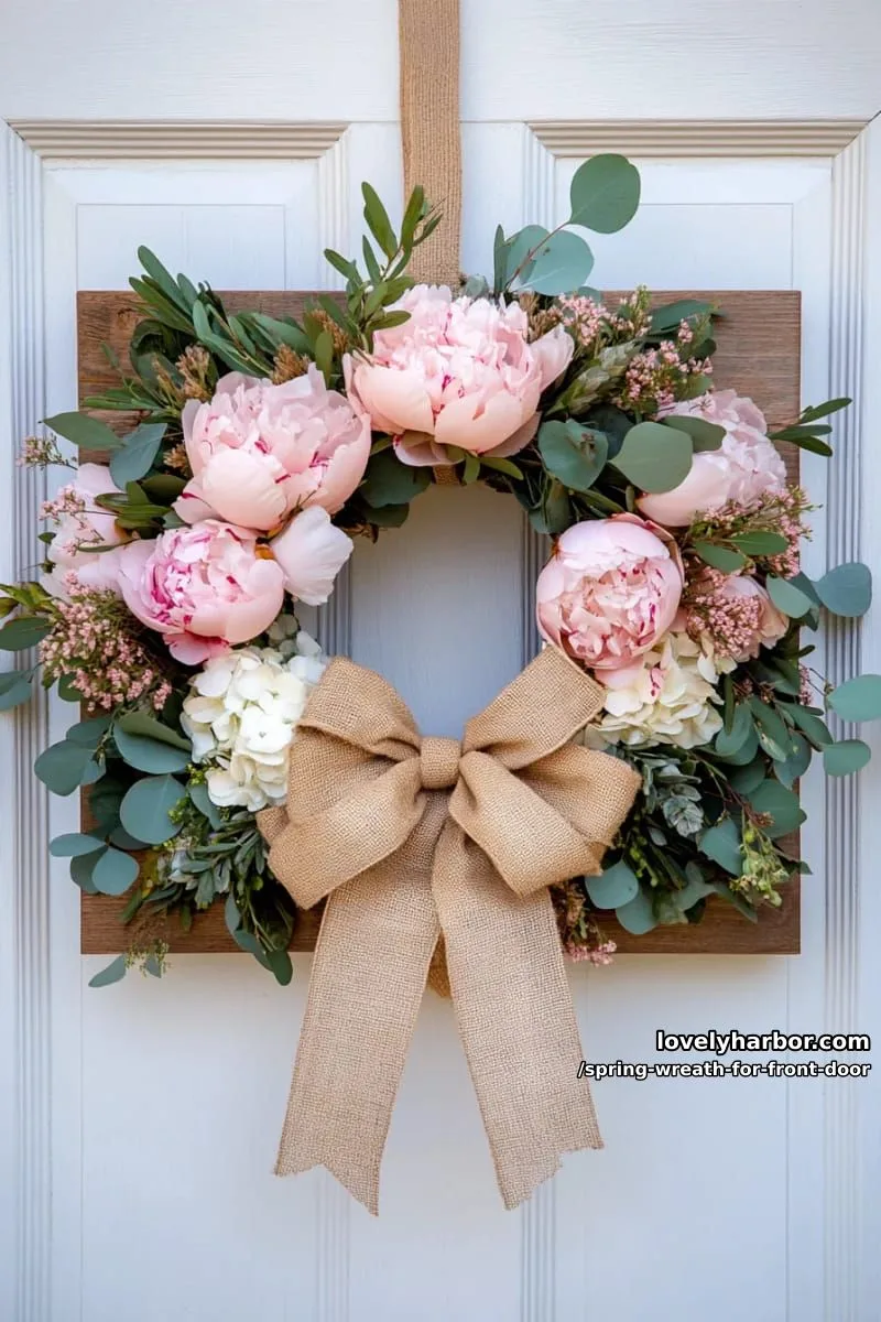 15 Unique Front Door Spring Wreaths for a Charming Entryway 7 rustic square frame with pastel peonies, greenery, and burlap bow 1